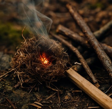 Tinder nest smoldering with smoke during wilderness fire-starting