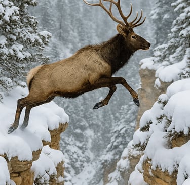 Elk leaping between snowy cliffs in winter forest, representing wild animal movement, survival adaptation, and remote terrain