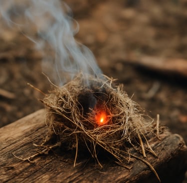 Glowing ember in tinder bundle starting to smoke in outdoor setting