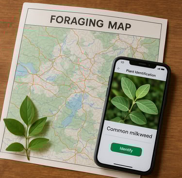 Foraging map and plant ID app on phone showing milkweed, digital tools for wild edible plant identification