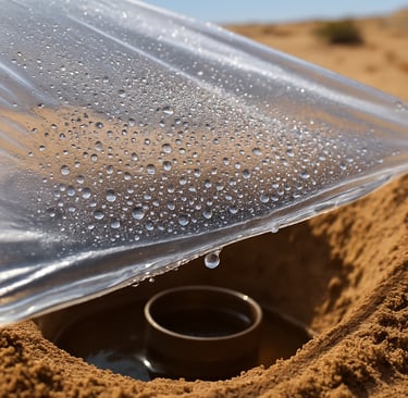 Solar still setup with plastic sheet collecting water from soil pit