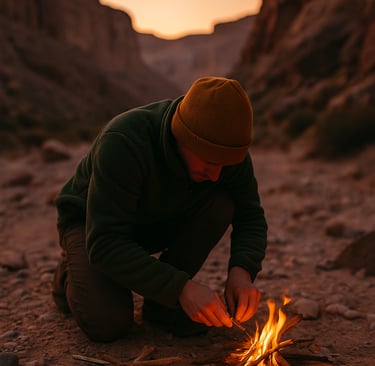Camper lighting fire at dusk in remote desert canyon wilderness