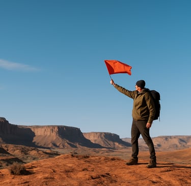 Survival hiker signaling for rescue with red flag in desert plateau, wilderness emergency preparedness scenario
