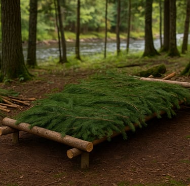 Wilderness raised Bough bed Shelter covered in evergreen boughs for insulation