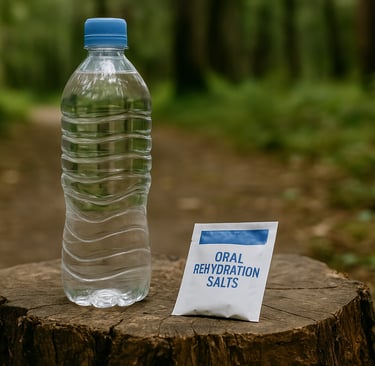Water bottle and oral rehydration salts sitting on tree stump