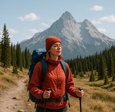 Smiling woman hiking through alpine forest with snow peak in background, representing endurance and wilderness fitness