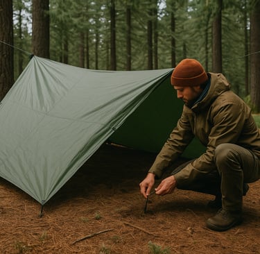 Bushcrafter setting up tarp shelter in forest for primitive wilderness camping