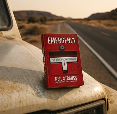 Emergency book by Neil Strauss on dusty truck hood along remote road