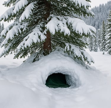 Snow-covered tree shelter with hidden emergency snow cave in winter survival setting