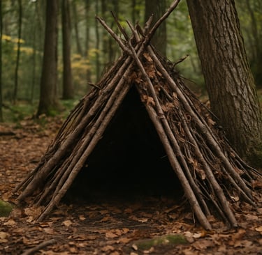 Debris Hut shelter made with sticks and leaves in forest
