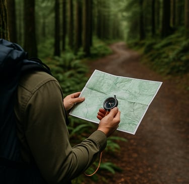 Backpacker using map and compass while hiking forest trail