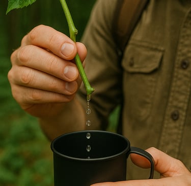 Outdoor survival water collection by plant stem into cup, natural hydration technique in wilderness emergency