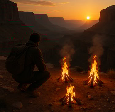 Camper sitting near three lit fires at canyon overlook during sunset, illustrating wilderness firecraft, solitude, and backco