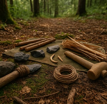 Primitive survival tools including flint blades cordage wooden mallet and natural materials laid on forest ground