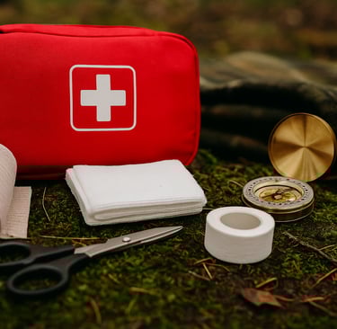 Wilderness first aid kit with medical supplies on forest floor, showing essential gear for outdoor emergencies