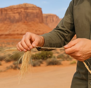 Survivalist twisting dry grass into rope in desert setting, primitive cordage crafting using natural materials