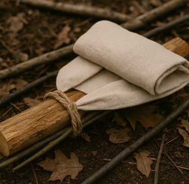 Improvised wilderness splint or arm sling with wooden support and gauze wrap, survival first aid treatment