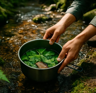 Boiling wild greens in pot beside stream for wilderness foraging and water-based survival cooking