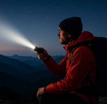 Man signaling with flashlight in dark mountain terrain, survival signaling and night safety in the backcountry