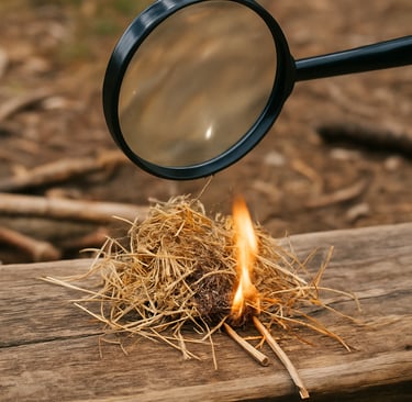 Magnifying glass focusing sunlight to ignite tinder on wood surface