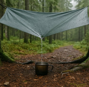 Tarp setup catching rainwater dripping into metal survival cup