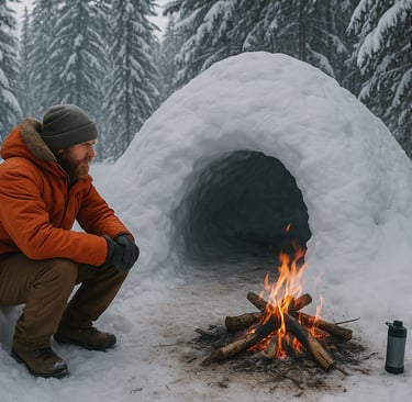 Survivor sheltering by snow cave and fire in freezing forest, cold weather survival and winter emergency prep