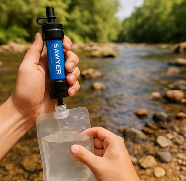 Mini Sawyer water filter used to purify river water in wilderness setting for hiking and emergency survival