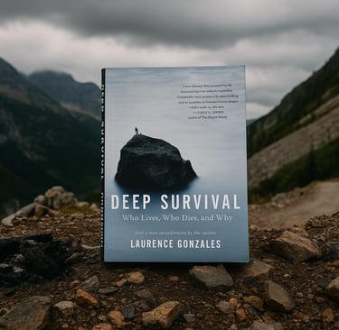 Deep Survival by Laurence Gonzales with backpack and hiking trail in mountain range
