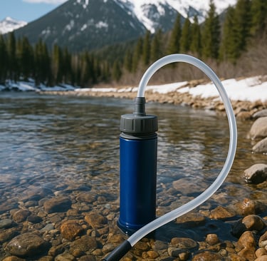 Portable water filter with intake hose in clear mountain stream