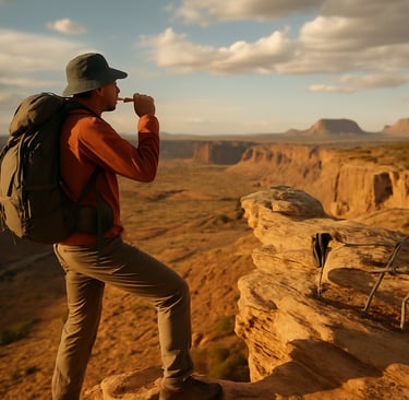 Hiker signaling from desert cliff with reflective blanket and backpack nearby