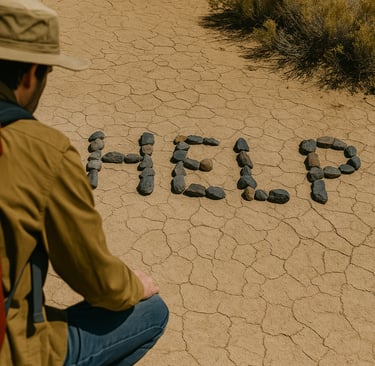 Survivor spelling HELP with rocks on cracked dry ground, ground-to-air signal for wilderness emergency rescue
