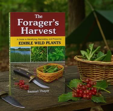 Forager’s Harvest edible wild plants book with berries knife and basket in forest camp