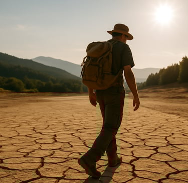 Hiker walking across cracked desert ground under hot sun