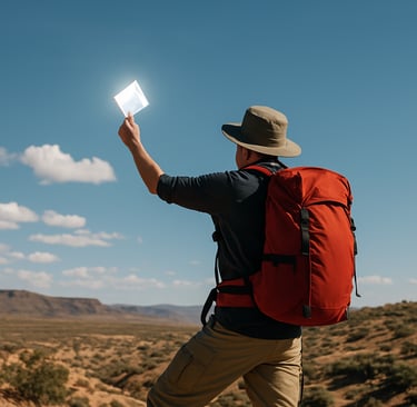Hiker using reflective mirror to signal plane or rescue team in bright daylight, wilderness survival communication