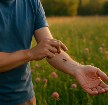 Man reacting to insect sting or bee landing on arm during outdoor survival situation