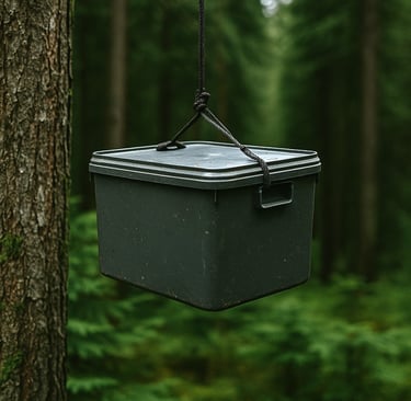 Hanging bear-proof food storage container in forest during backcountry camping trip