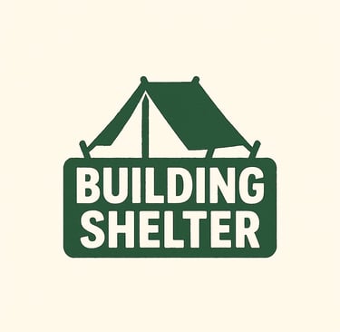 Building Shelter section title with tent icon — primitive shelter building, survival housing, emergency protection header