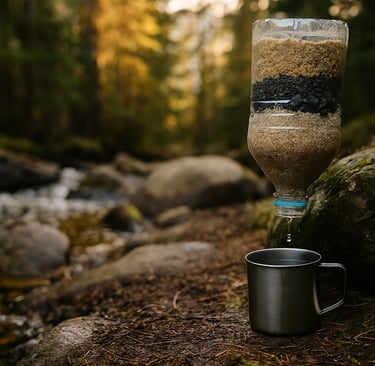 Survival water filter bottle dripping clean water into metal cup