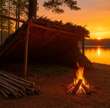 Lean-to shelter near water with campfire and wood pile, sunset wilderness camping scene