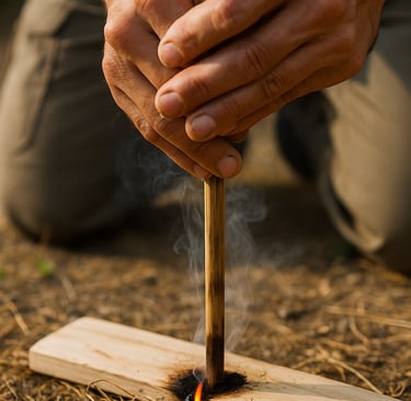 Starting fire with bow drill, primitive firestarting method for bushcraft survival