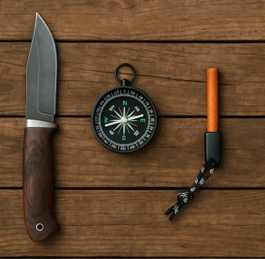 Survival knife compass and firestarter gear laid out on wooden table