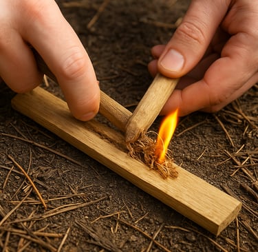 Hand starting fire with bow drill and fireboard, survival fire making using friction and tinder in the wild