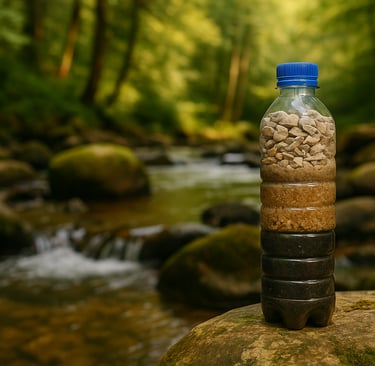 DIY water filter in plastic bottle showing layered filtration setup