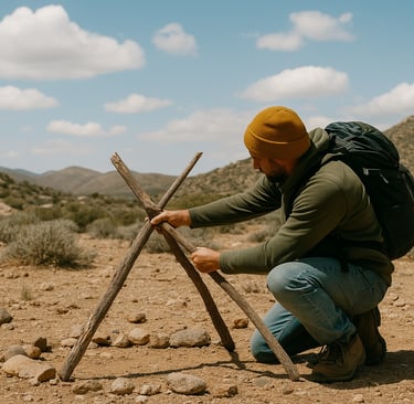 Hiker constructing ground-to-air distress symbol with sticks in desert, rescue signaling during survival emergency