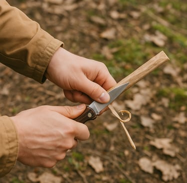 Close-up of survival knife shaving wood, bushcraft carving technique for traps, tools, or fire prep outdoors