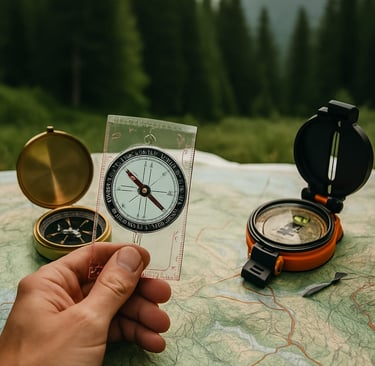 Hand holding compass over topographic map next to additional navigation tools, emphasizing wilderness orienteering skills