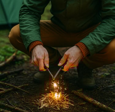 Survivalist starting fire in dark forest with flint and dry kindling