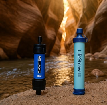 Mini Sawyer and LifeStraw water filters for hiking and emergency water purification in canyon