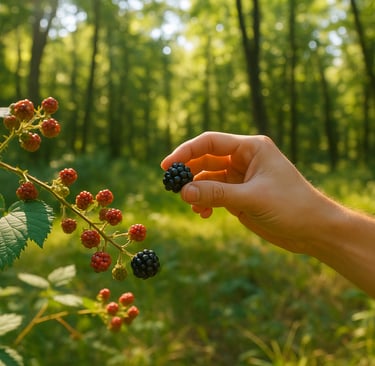Reaching for ripe blackberries on forest shrub, demonstrating wild berry foraging and plant knowledge