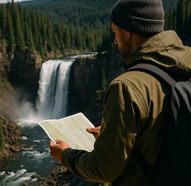 Hiker reading topographic map beside waterfall, wilderness navigation and survival decision-making in remote terrain